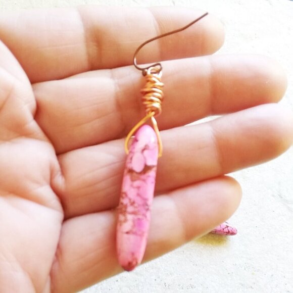 Pink & Mocha Mousse Stone Spikes + Copper Wire Earrings - Sexy Edgy Girly Hot - Picture 5 of 8